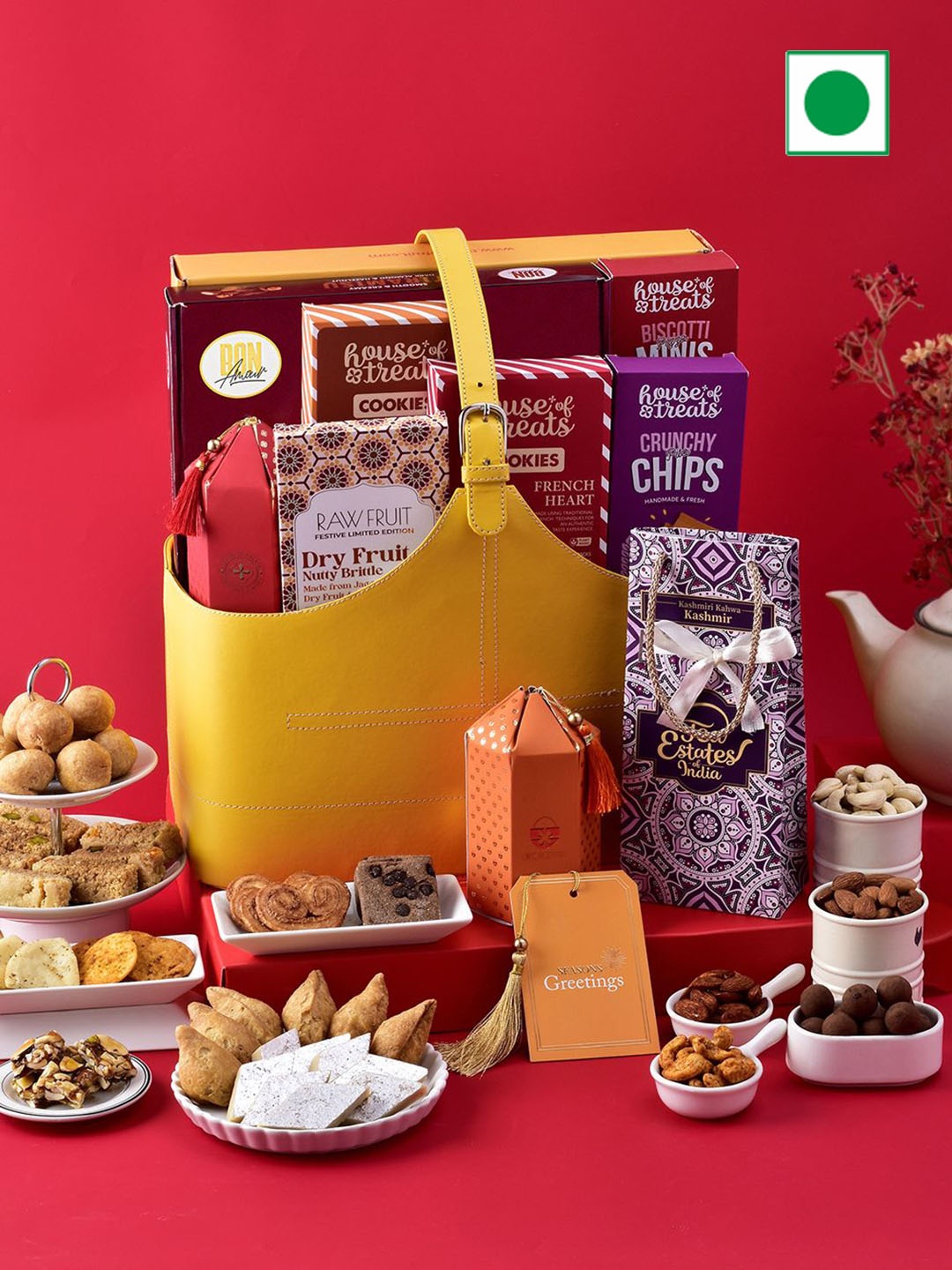 RawFruit Unisex Gourmet Indulgence Sweets With Assorted Savories Hamper, Yellow