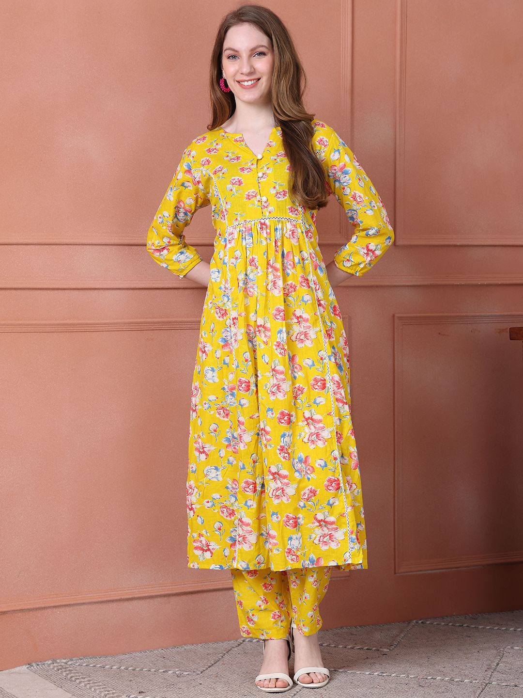 

SOUNDARYA Floral Printed Pure Cotton Anarkali Kurta with Trousers, Yellow