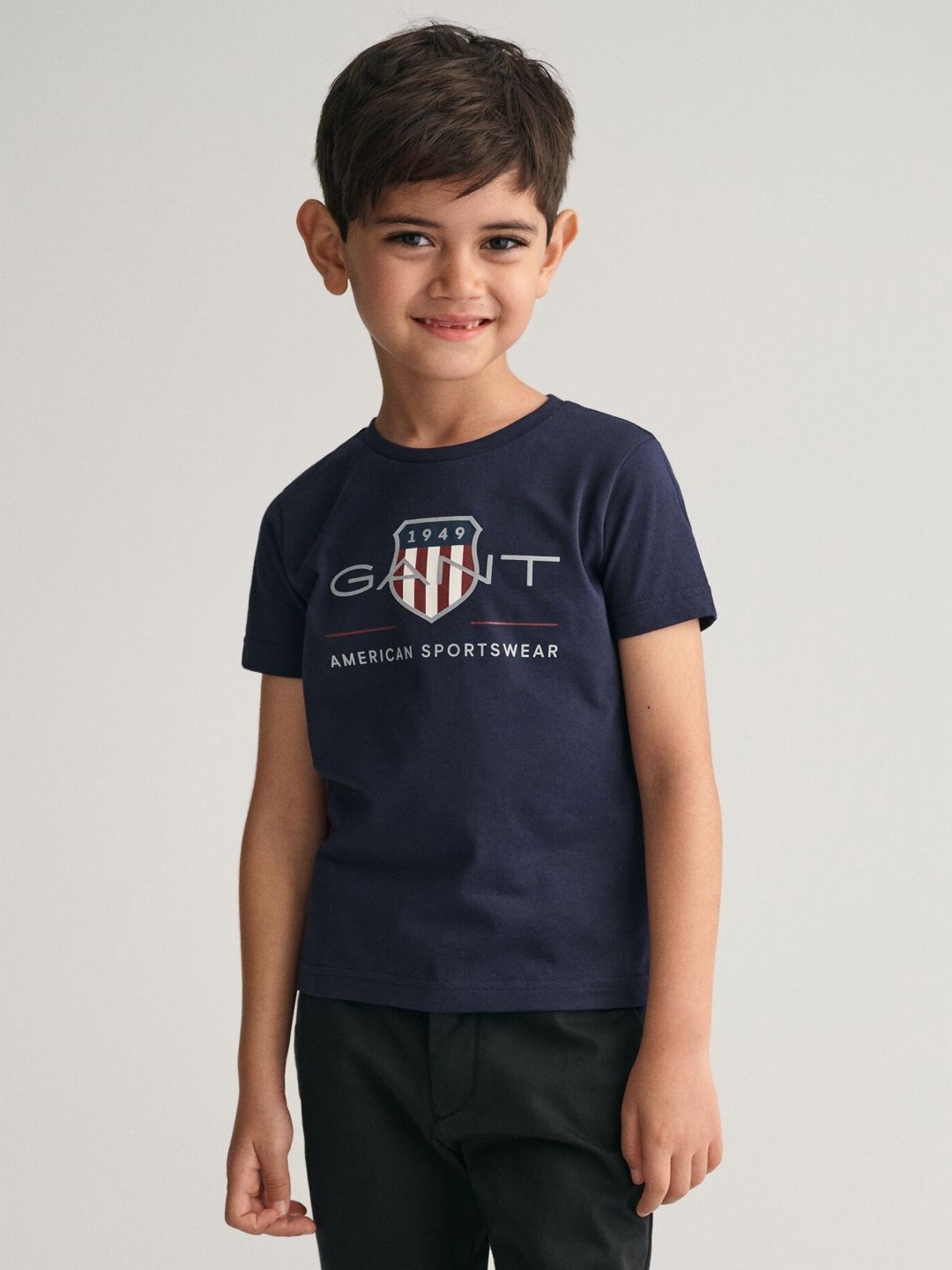 GANT Boys Brand Logo Shield Printed Round Neck Cotton T-shirt, Navy blue
