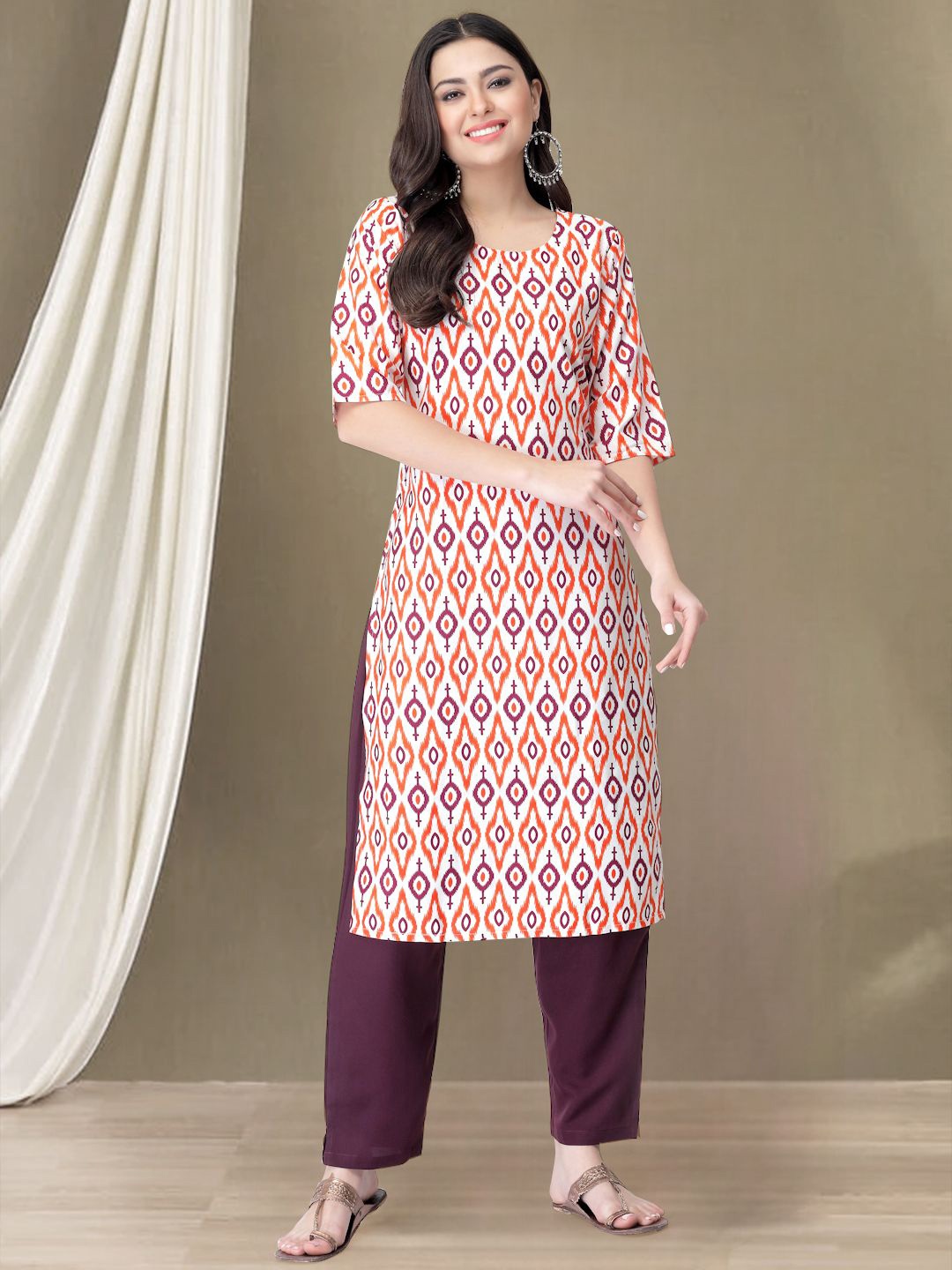 

7Threads Geometric Printed Round Neck Straight Kurta with Trousers, White