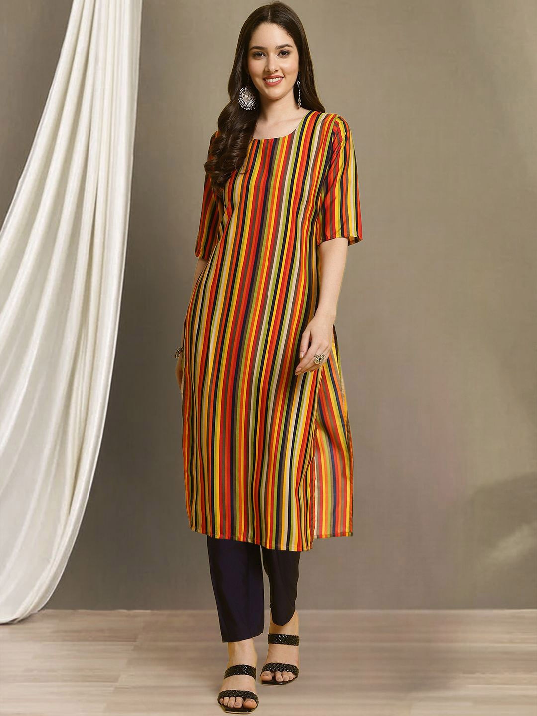 

7Threads Striped Round Neck Straight Kurta with Trousers, Yellow