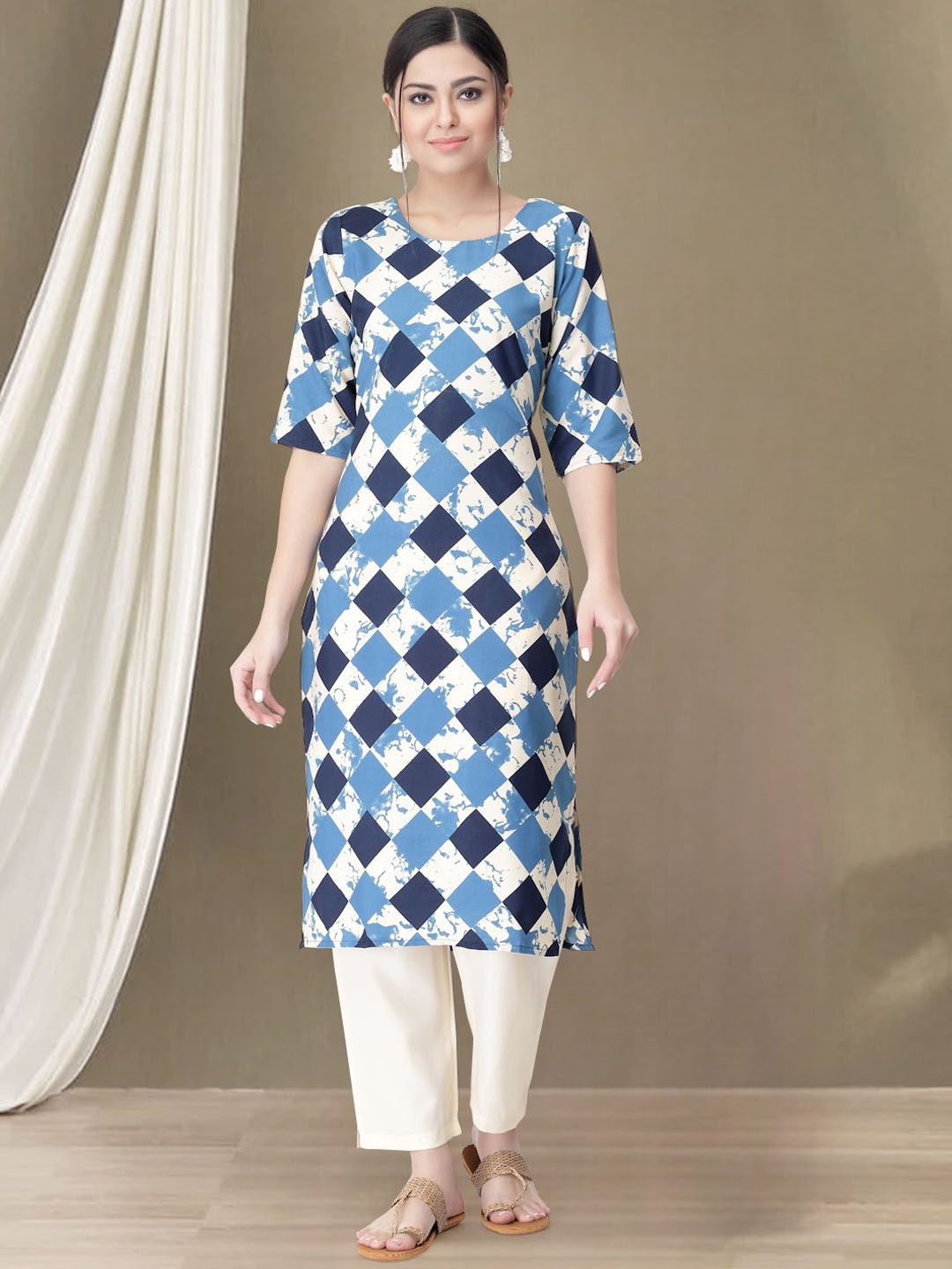 

7Threads Geometric Printed Round Neck Straight Kurta with Trousers, Blue