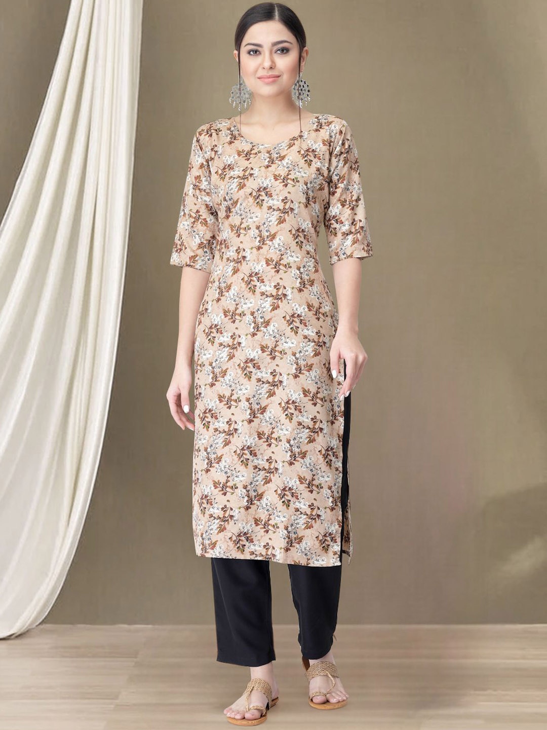 

7Threads Floral Printed Round Neck Straight Kurta with Trousers, Beige