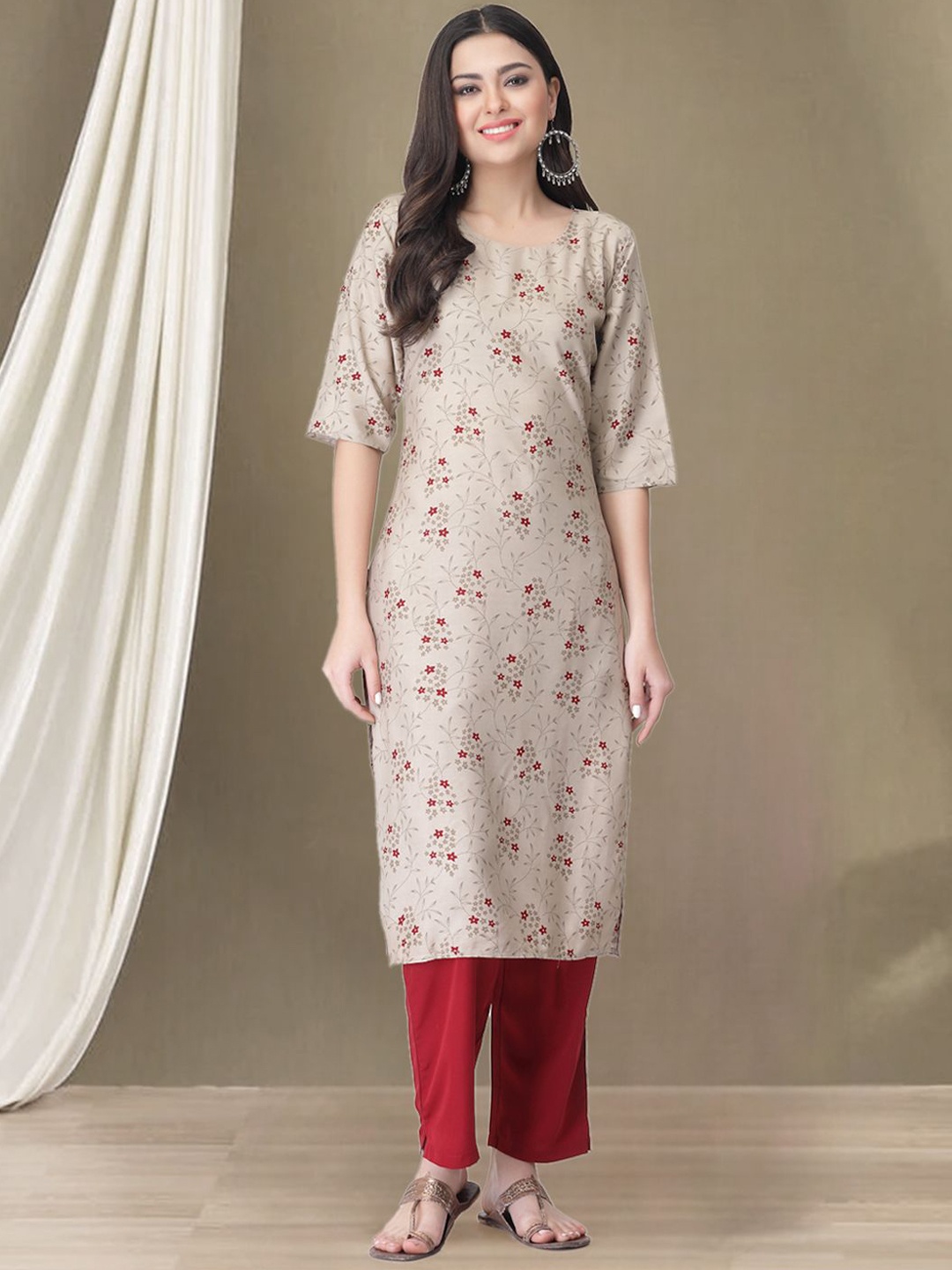 

7Threads Floral Printed Round Neck Straight Kurta with Trousers, Beige