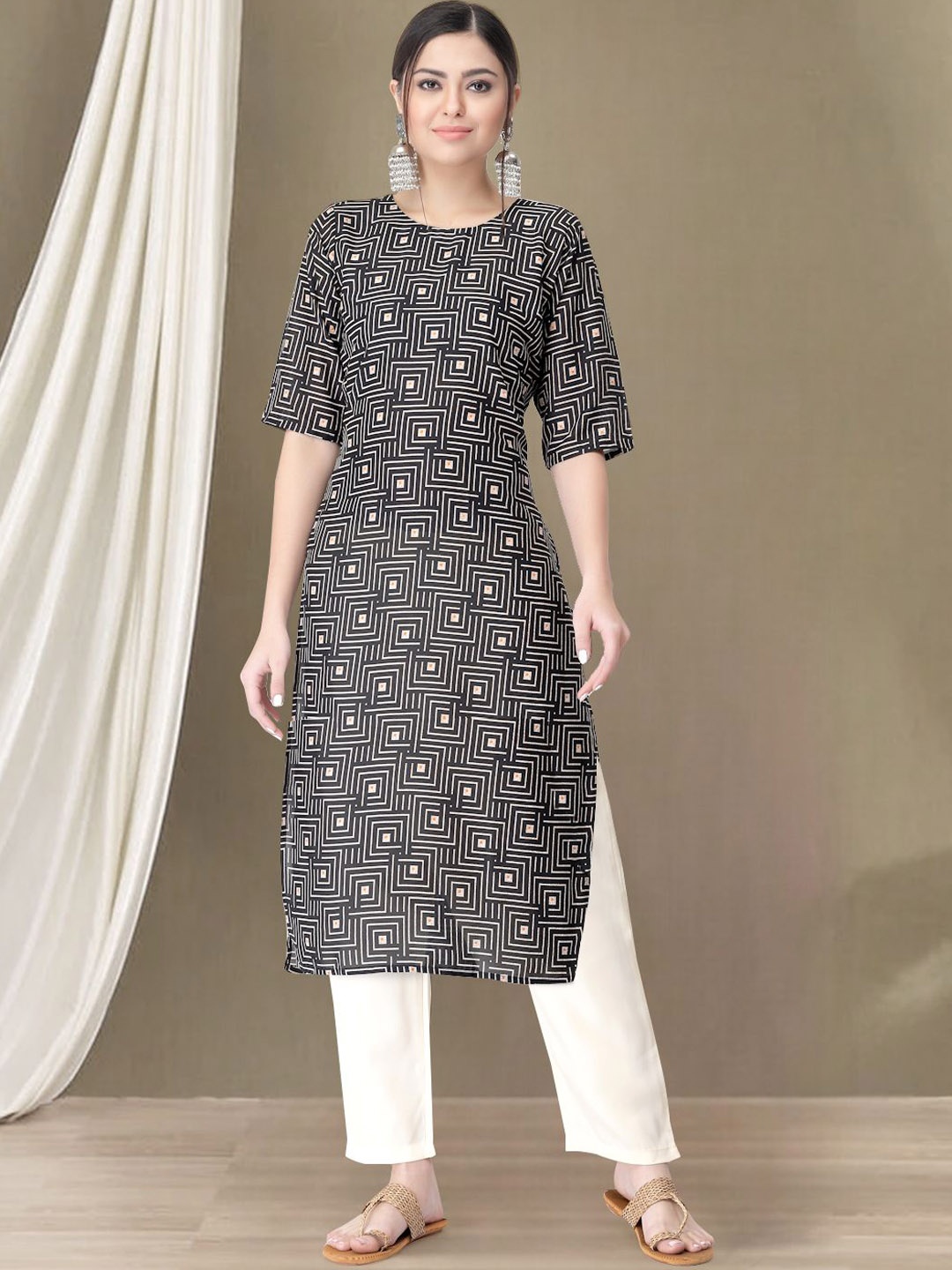

7Threads Geometric Printed Round Neck Straight Kurta with Trousers, Black