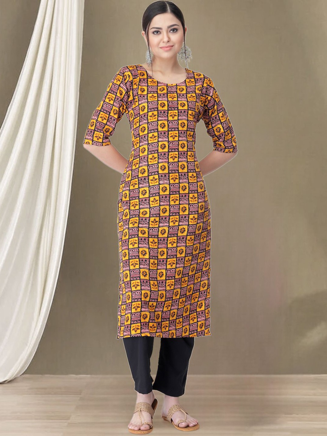 

7Threads Geometric Printed Round Neck Straight Kurta with Trousers, Mustard