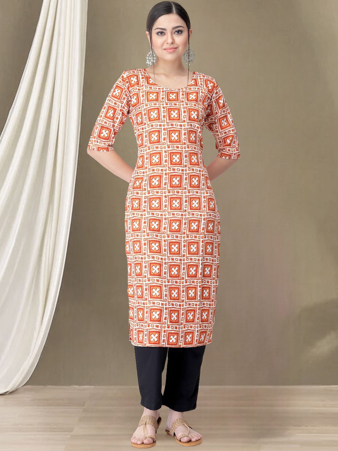 

7Threads Geometric Printed Round Neck Straight Kurta with Trousers, Orange