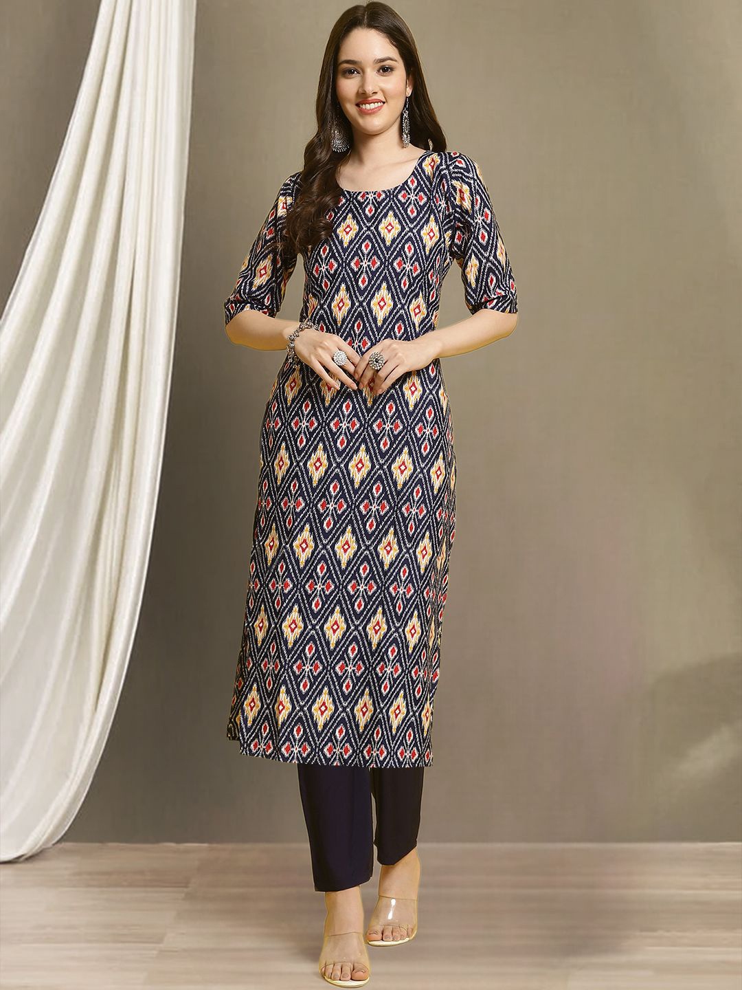 

7Threads Geometric Printed Round Neck Straight Kurta with Trousers, Navy blue