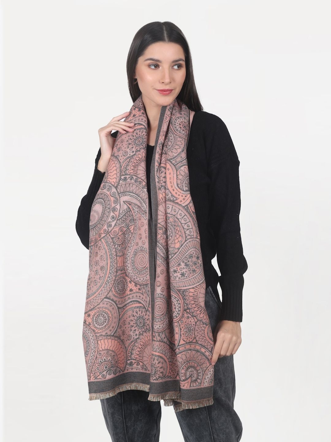 Calvadoss Women Woven Design Paisley Stole, Peach
