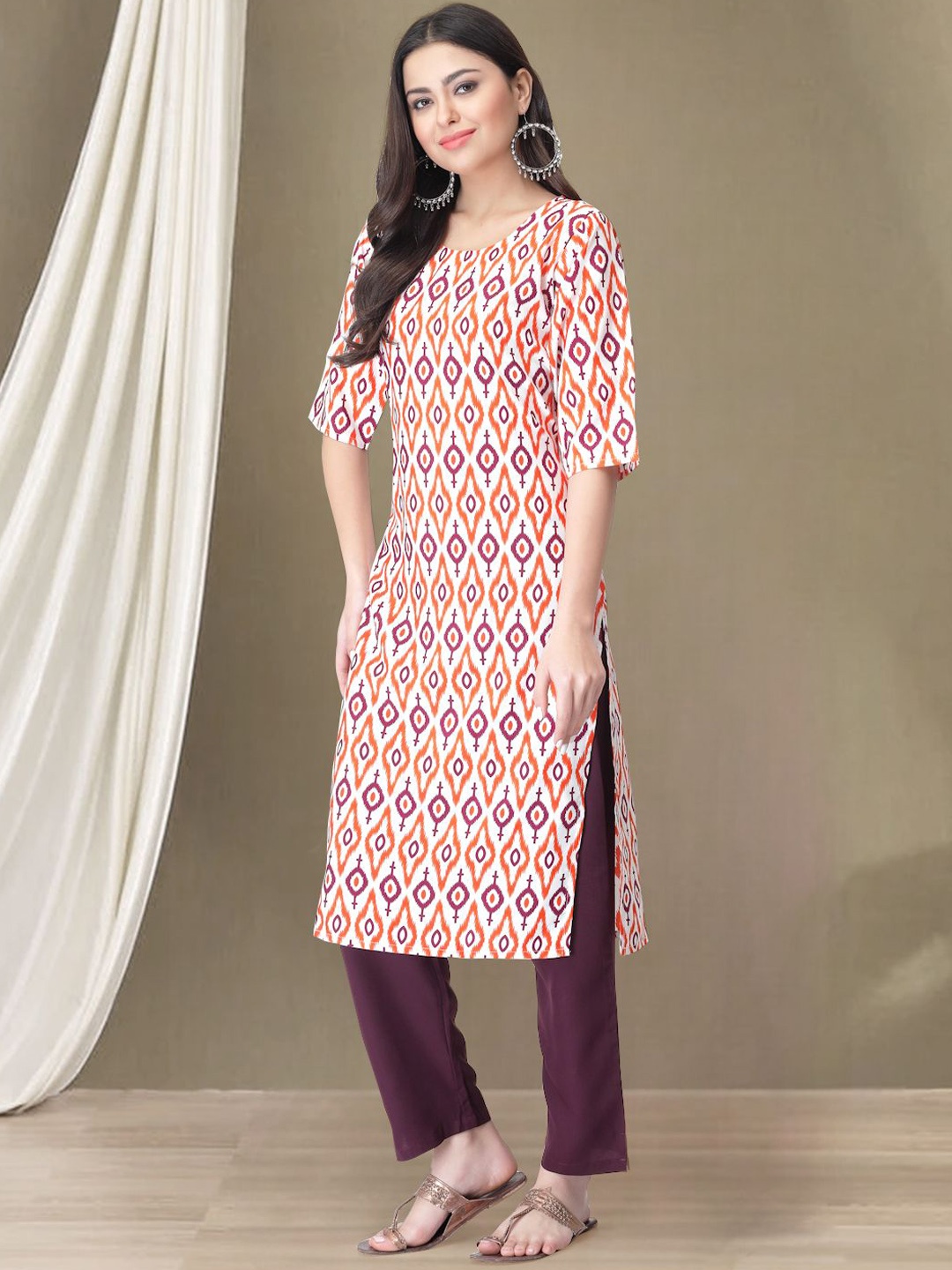 

7Threads Geometric Printed Round Neck Straight Kurta with Trousers, White