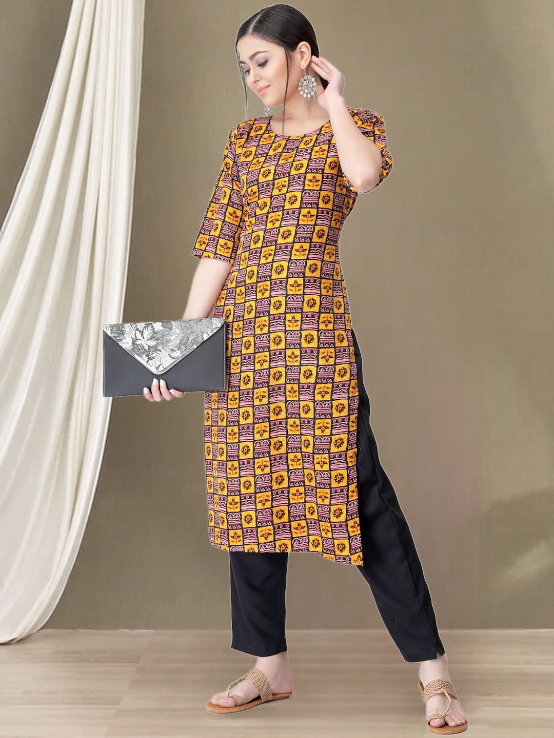 

7Threads Geometric Printed Round Neck Straight Kurta with Trousers, Purple