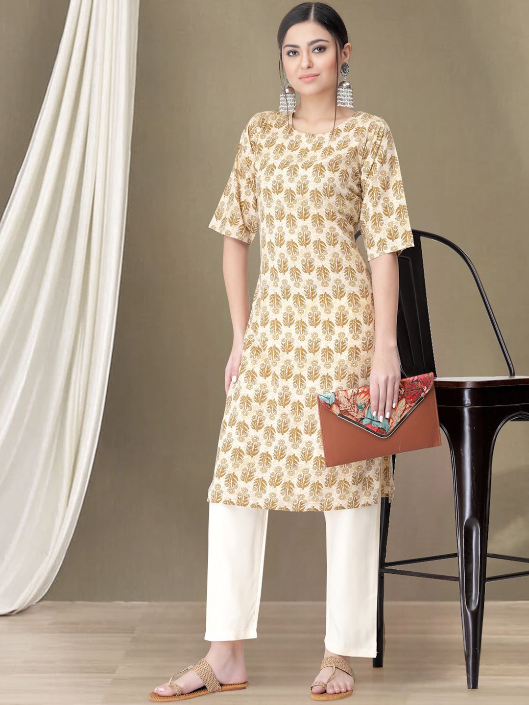 

7Threads Ethnic Motifs Printed Round Neck Straight Kurta with Trousers, Beige