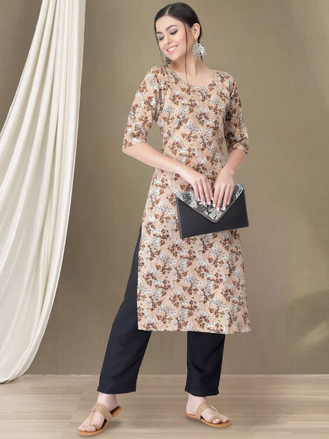 

7Threads Floral Printed Round Neck Straight Kurta with Trousers, Beige