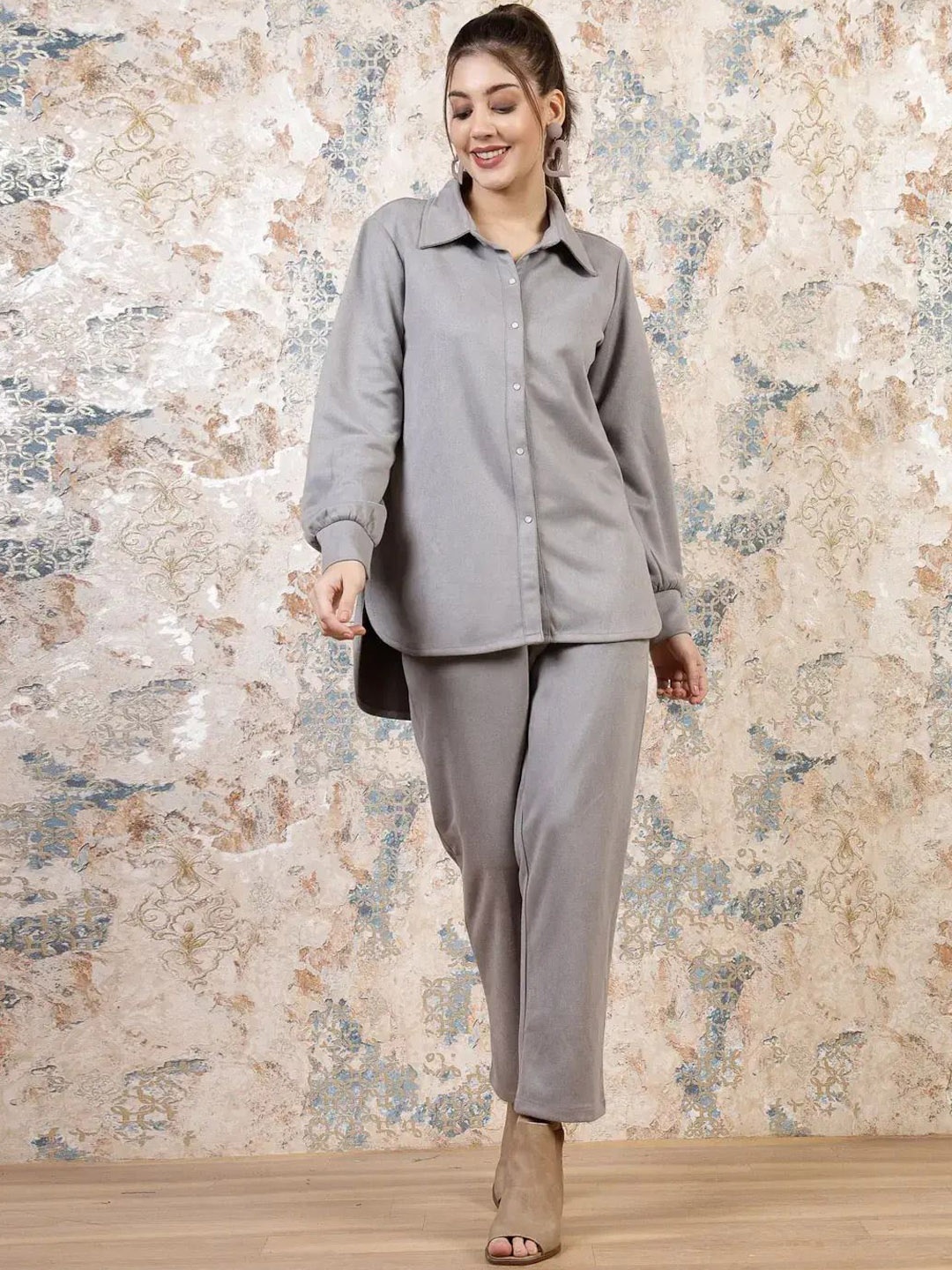 

TWINS LADY Shirt Collar Long Sleeves Shirt With Trouser, Grey