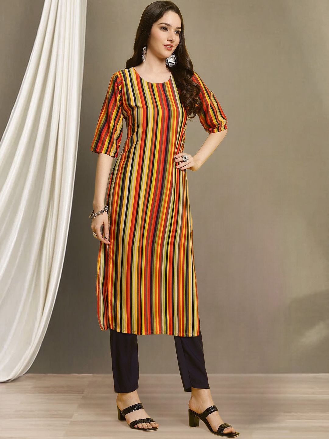 

7Threads Striped Round Neck Straight Kurta With Trousers, Yellow