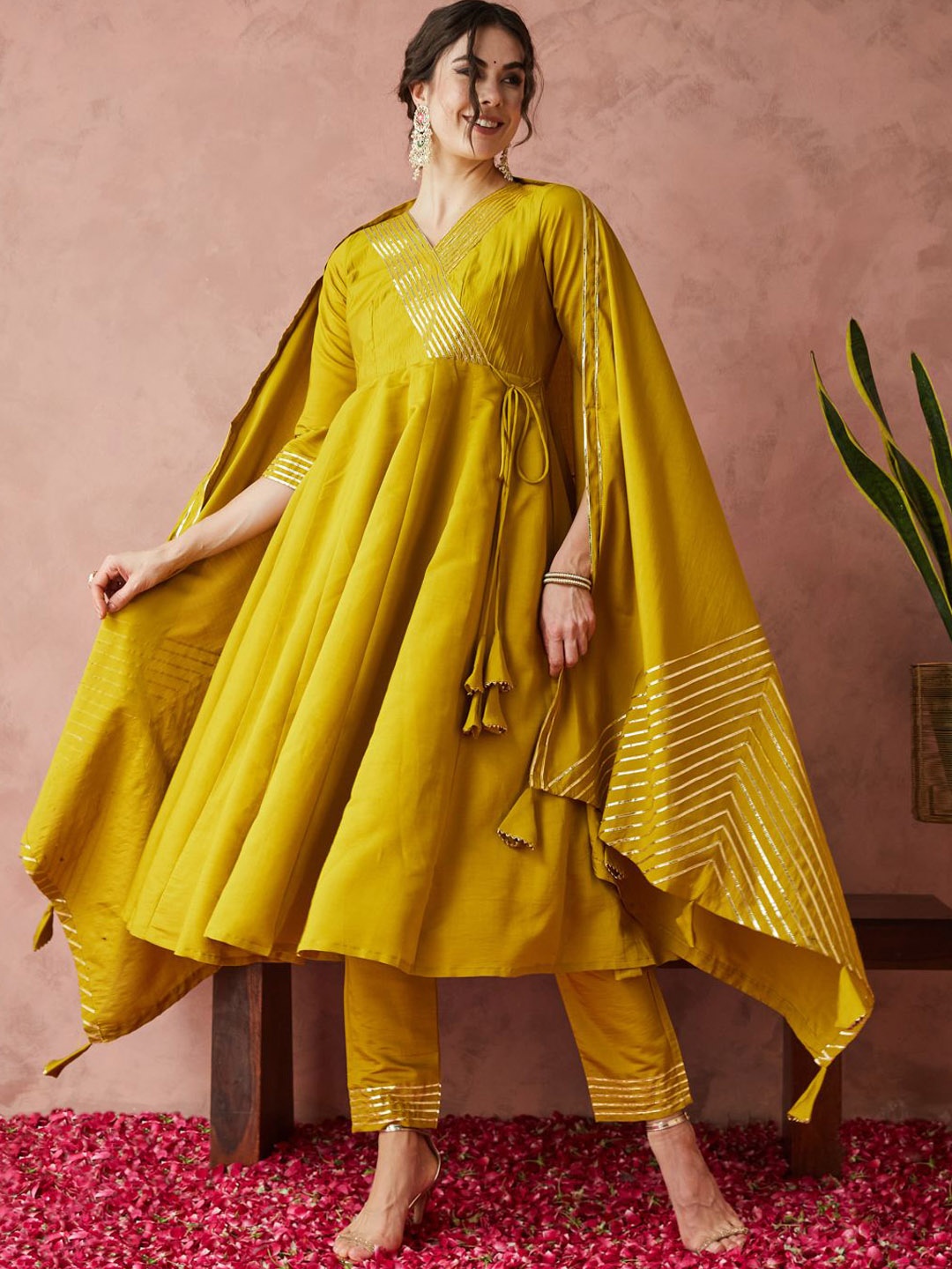 

RAJGRANTH Striped Gotta Patti Pure Silk Angrakha Anarkali Kurta With Trousers & Dupatta, Mustard