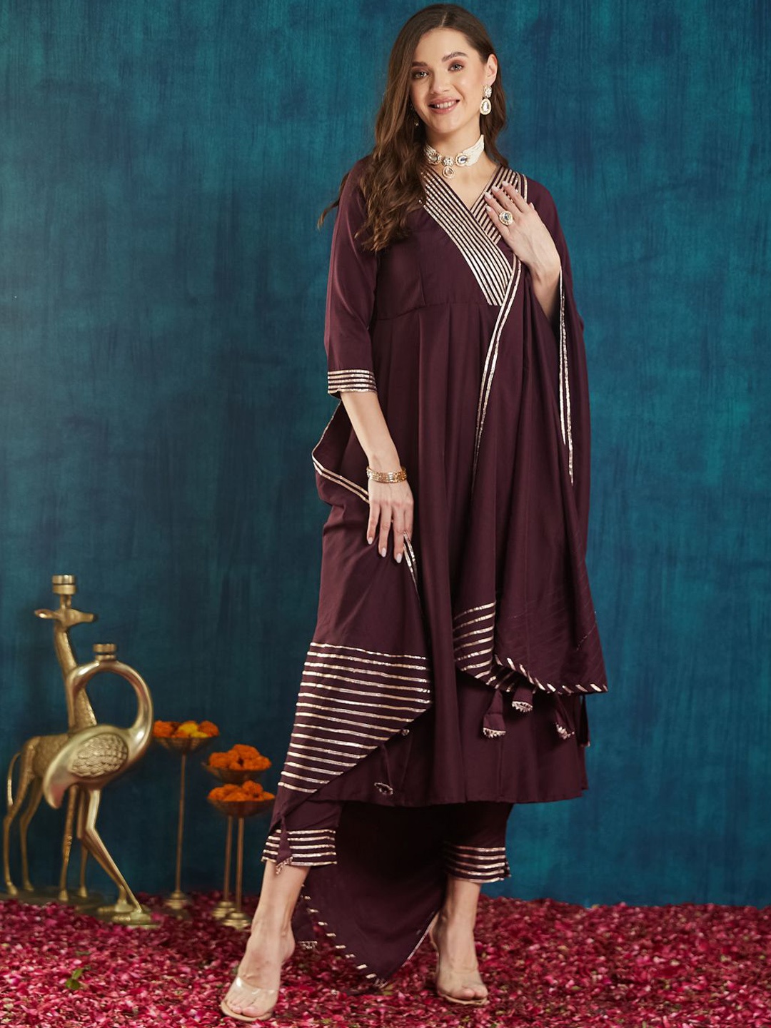 

RAJGRANTH Yoke Design Gotta Patti Anarkali Pure Silk Kurta with Trousers & Dupatta, Burgundy