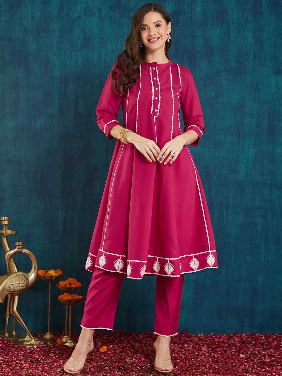 

RAJGRANTH Striped Gotta Patti Pure Silk Panelled A-Line Kurta With Trouser, Pink