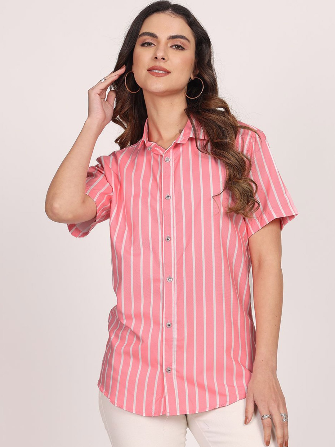 

Leotude Women Classic Spread Collar Vertical Striped Cotton Casual Shirt, Pink