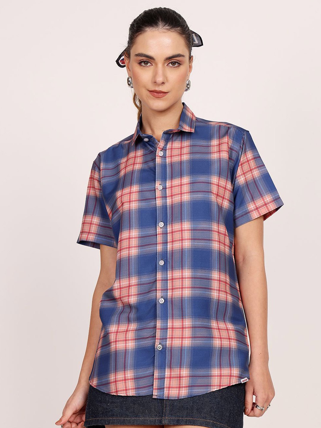 

Leotude Women Classic Spread Collar Checked Cotton Casual Shirt, Blue