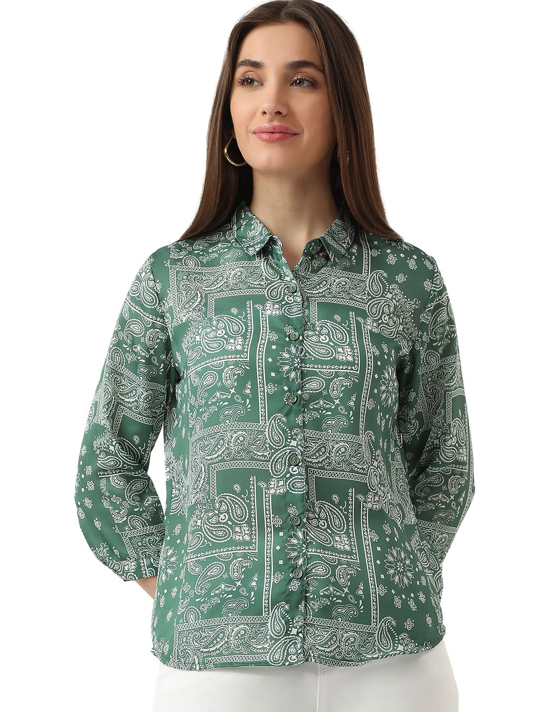 

Kraus Jeans Women Spread Collar Ethnic Motifs Printed Casual Shirt, Green