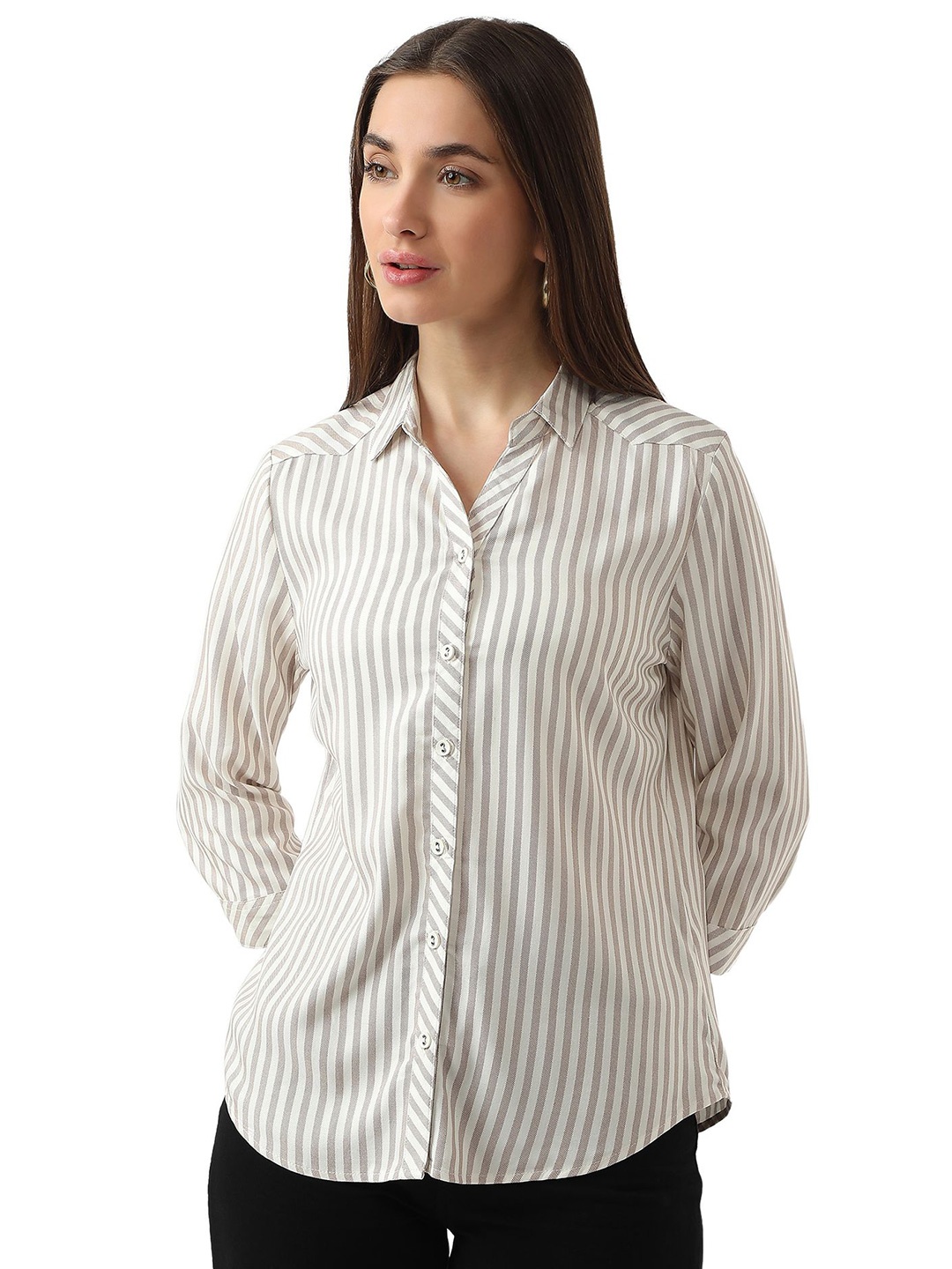 

Kraus Jeans Women Spread Collar Vertical Striped Casual Shirt, White