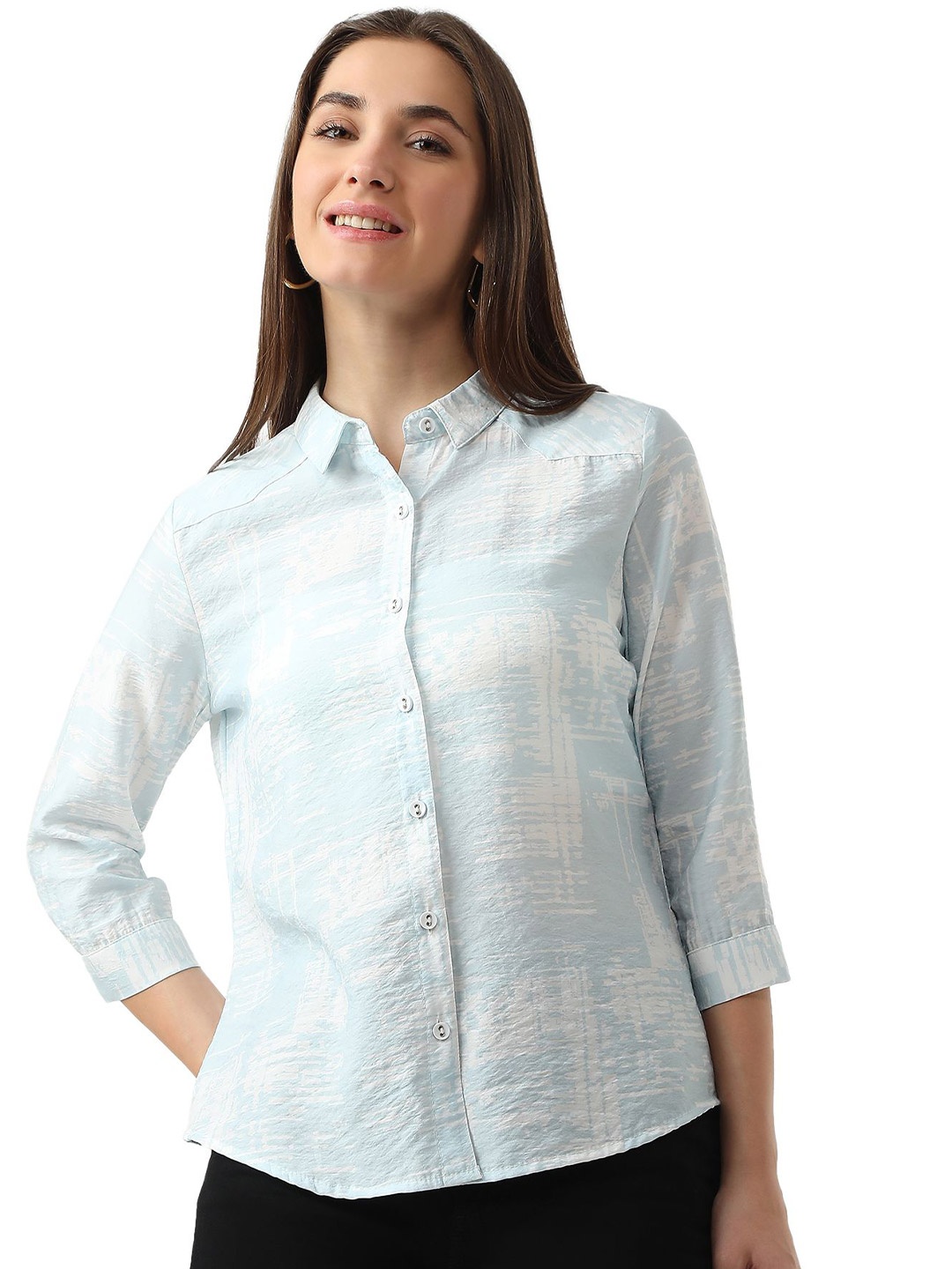 

Kraus Jeans Women Spread Collar Textured Casual Shirt, Blue