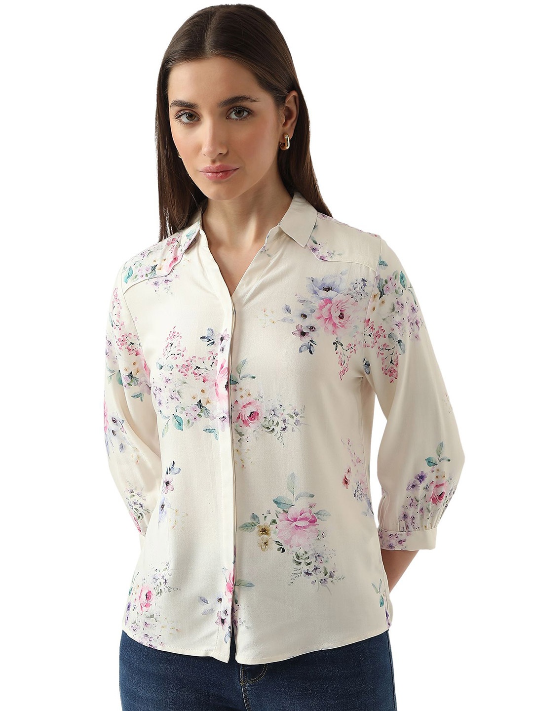 

Kraus Jeans Women Spread Collar Floral Printed Casual Shirt, Off white