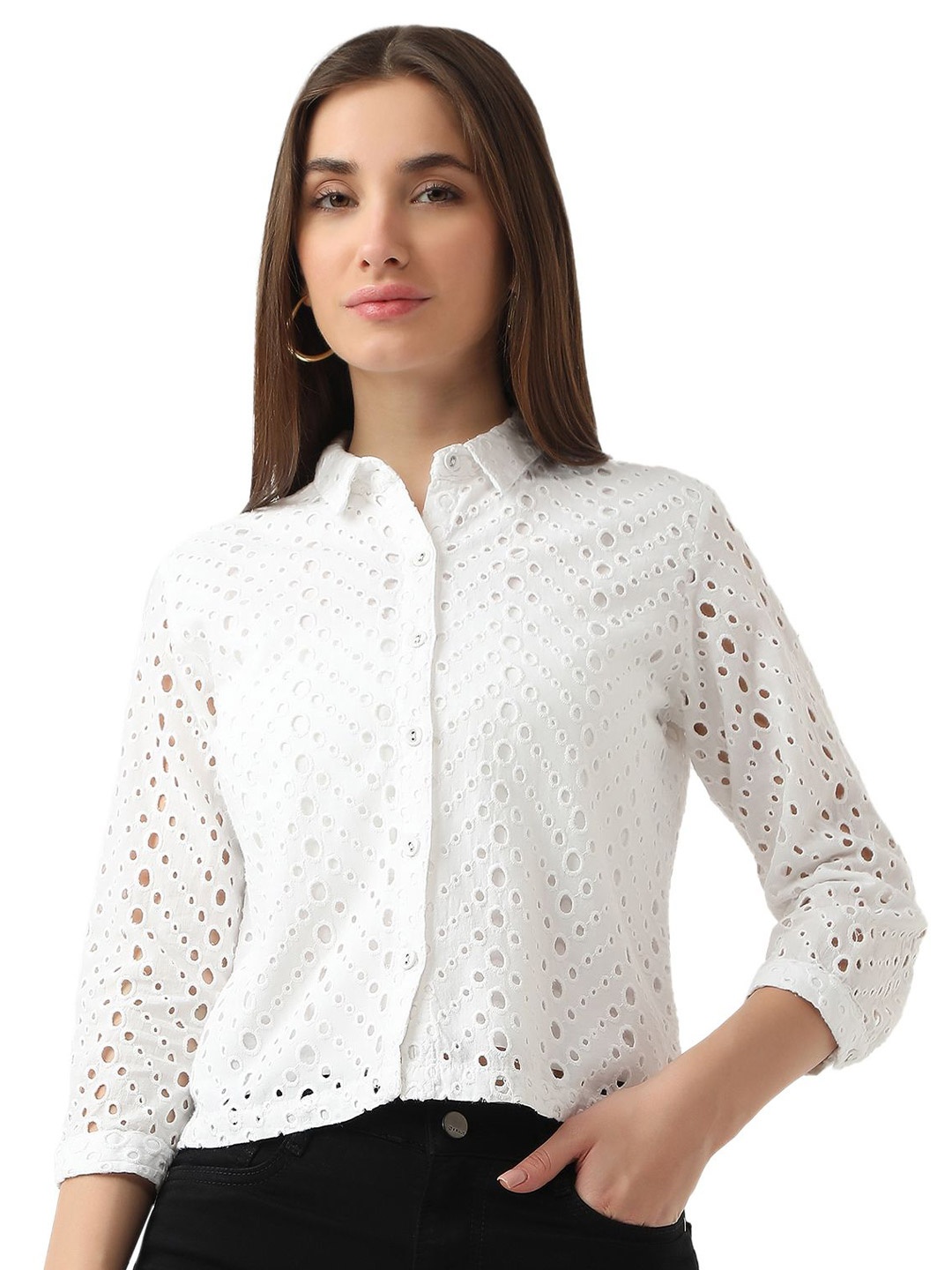 

Kraus Jeans Women Spread Collar Textured Cotton Casual Shirt, White