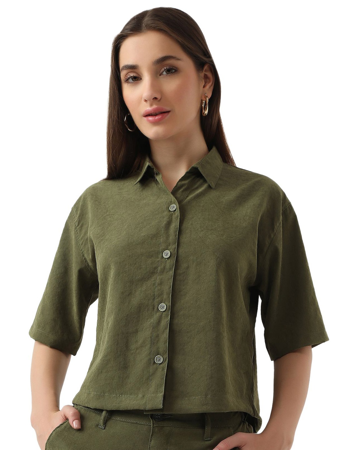 

Kraus Jeans Women Relaxed Fit Spread Collar Solid Cotton Casual Shirt, Green