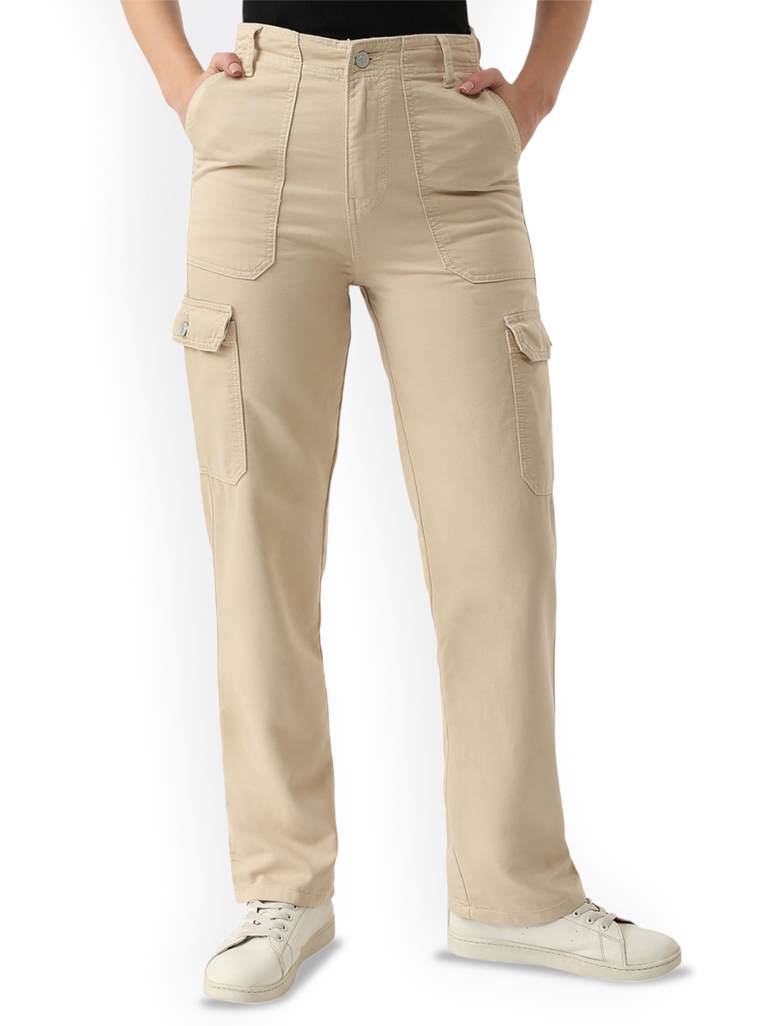 

Kraus Jeans Women Regular Fit High-Rise Cargos Trousers, Beige