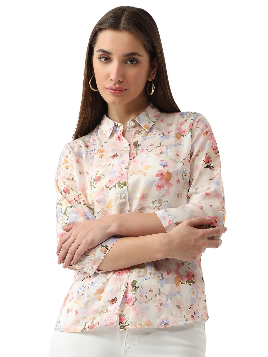 

Kraus Jeans Women Spread Collar Floral Printed Casual Shirt, Beige