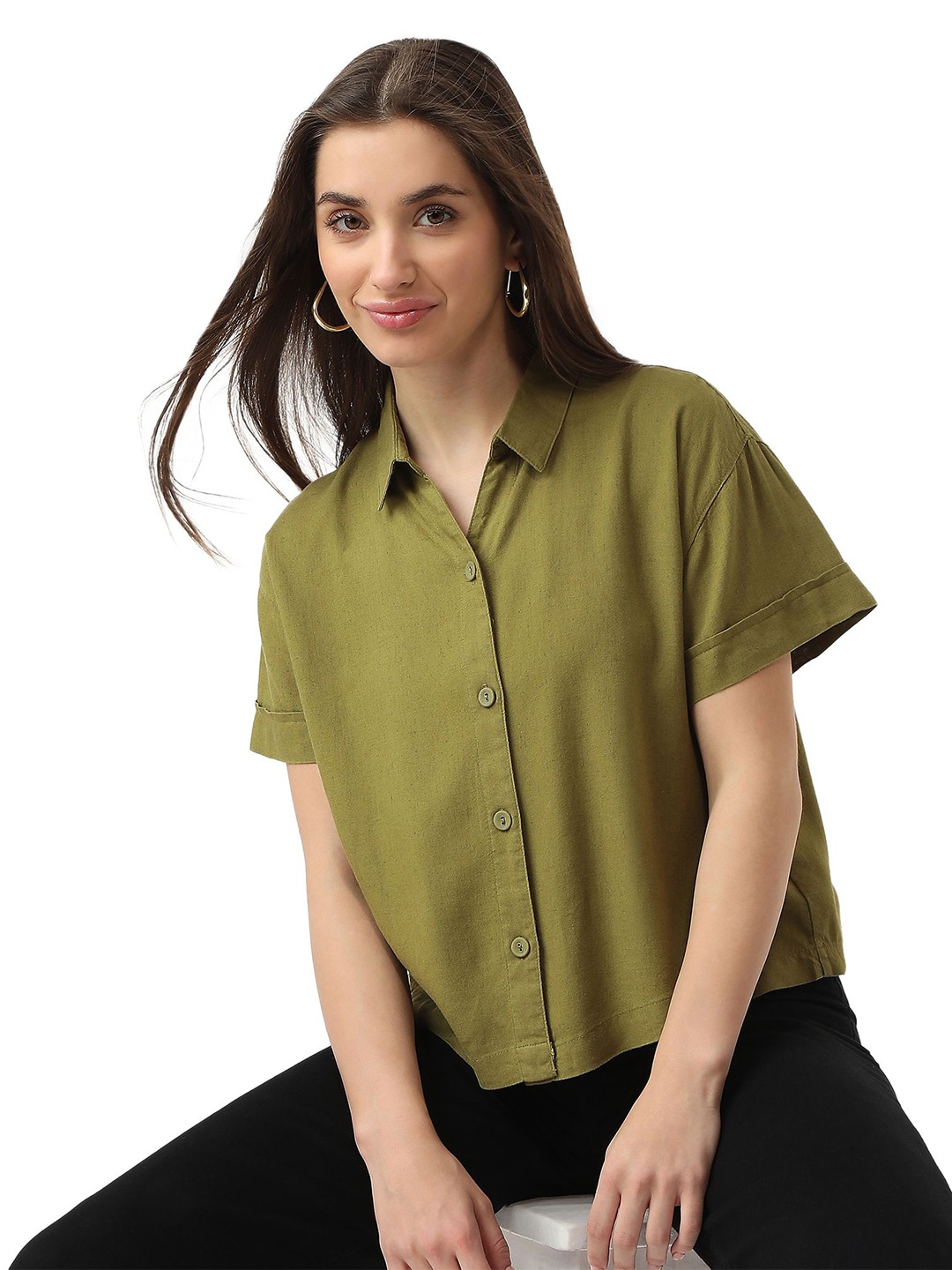 

Kraus Jeans Women Relaxed Fit Spread Collar Solid Casual Shirt, Green