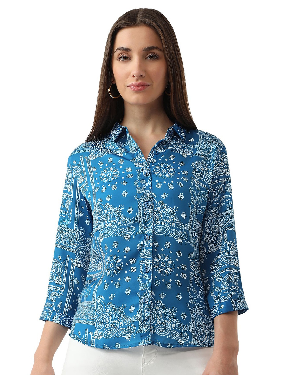 

Kraus Jeans Women Spread Collar Ethnic Motifs Printed Casual Shirt, Blue