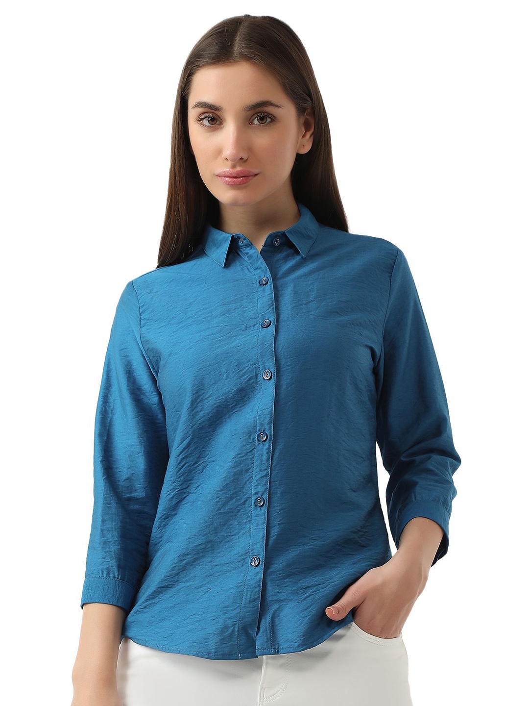 

Kraus Jeans Women Spread Collar Solid Casual Shirt, Blue