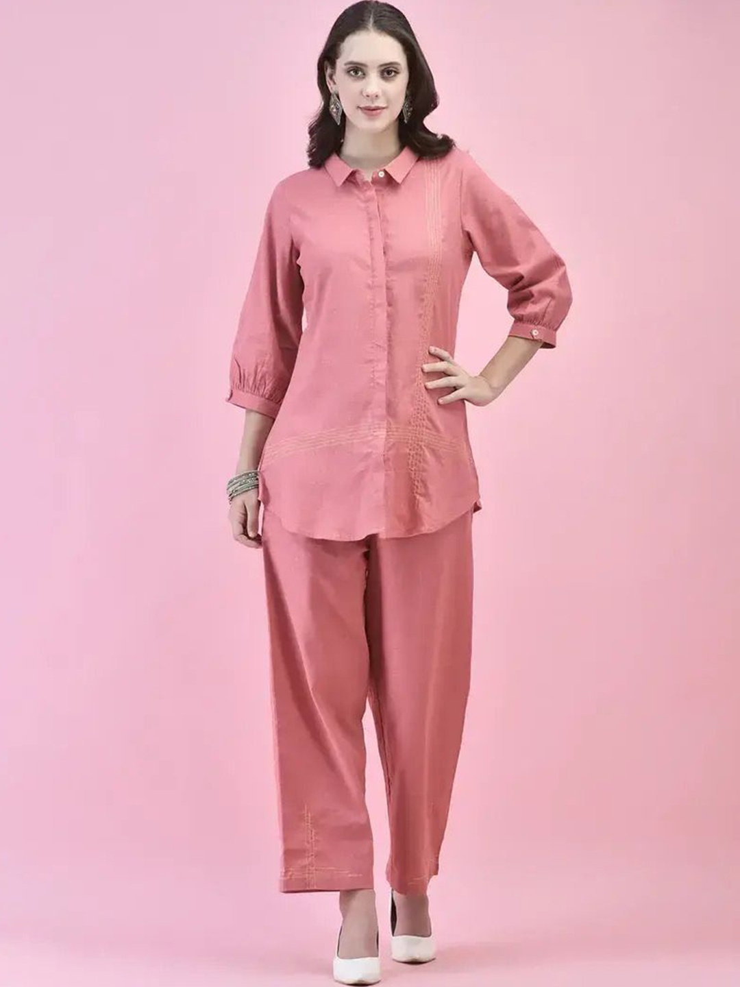 

TWINS LADY Shirt Collar Long Sleeves Shirt With Trouser, Pink