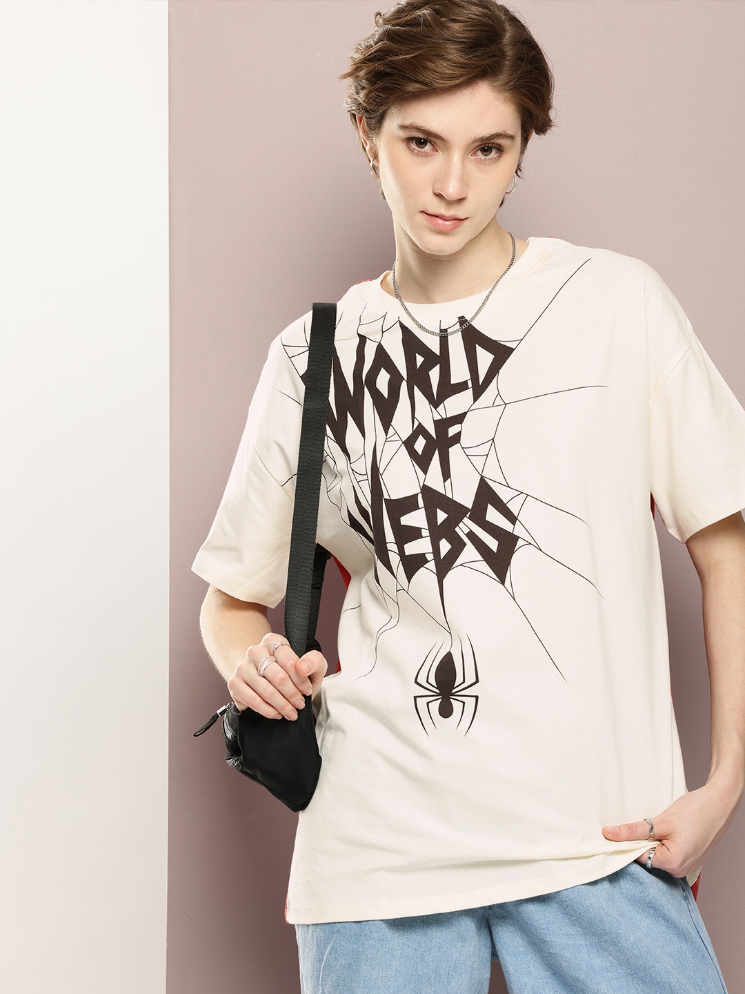 

Kook N Keech Marvel Spider Man Printed Colourblocked Oversized T-shirt, Cream
