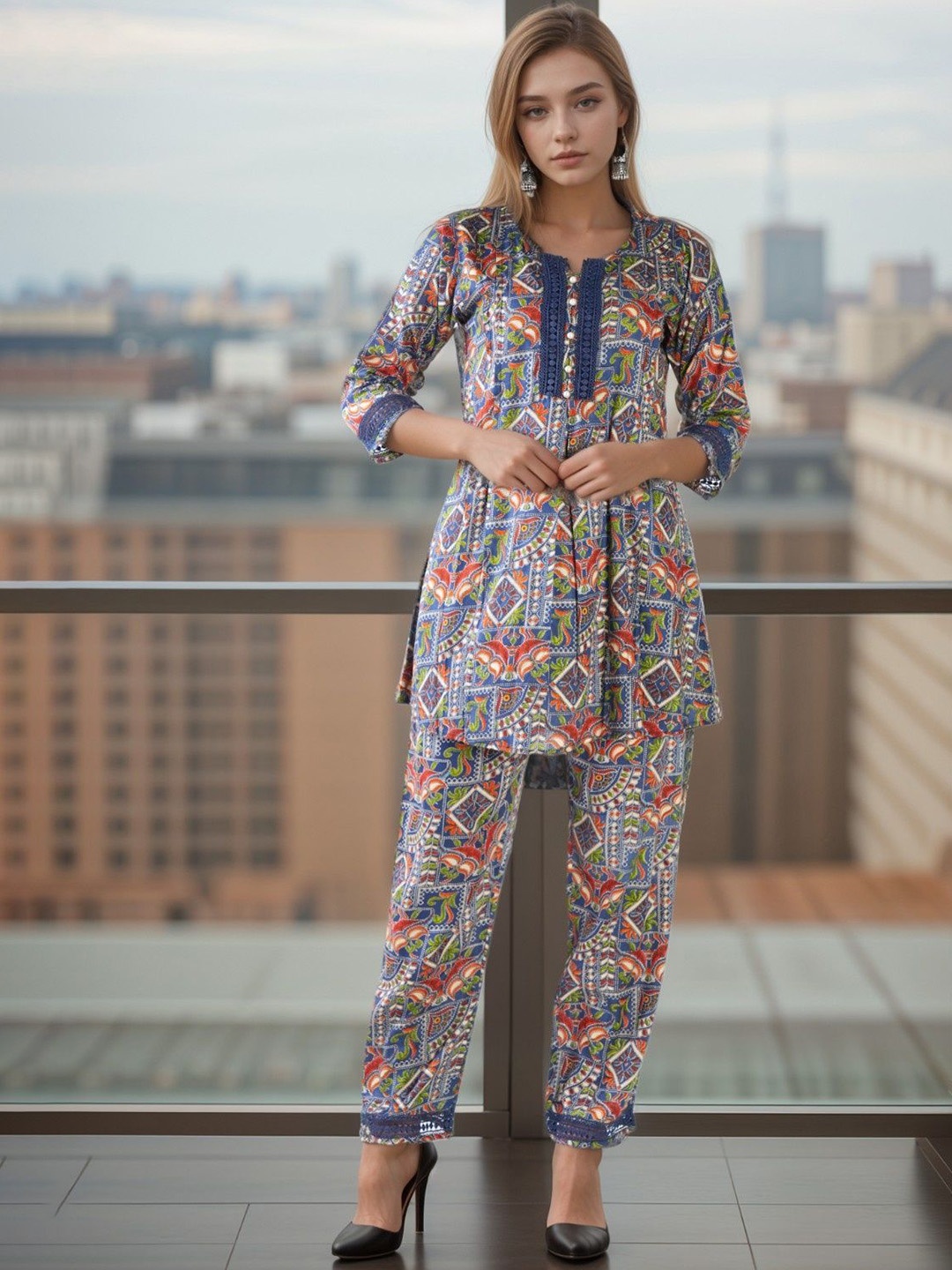

NEYSA Printed Round Neck Top With Trouser, Blue