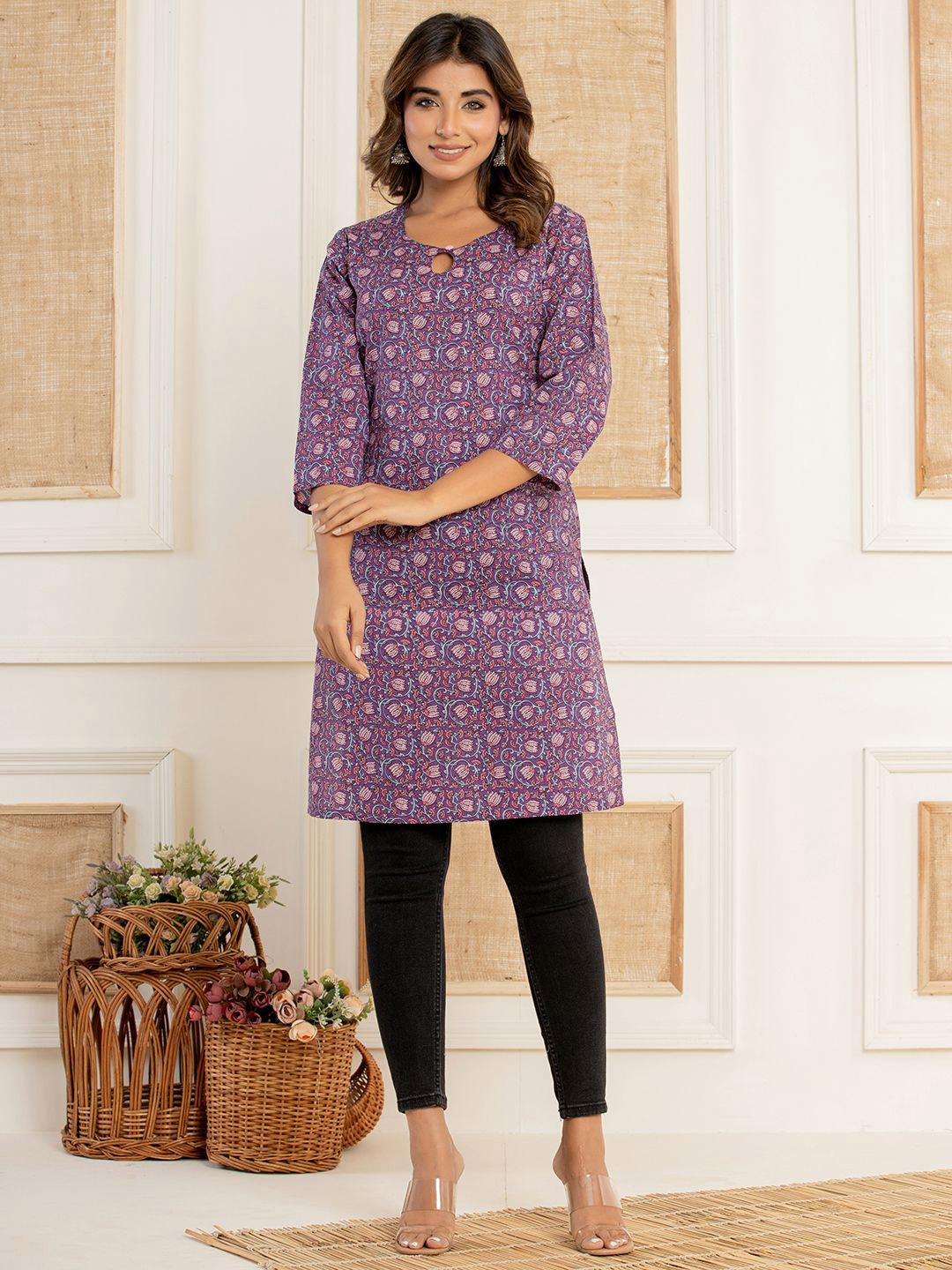 

Eco Clothing Women Floral Printed Pure Cotton Kurti, Purple