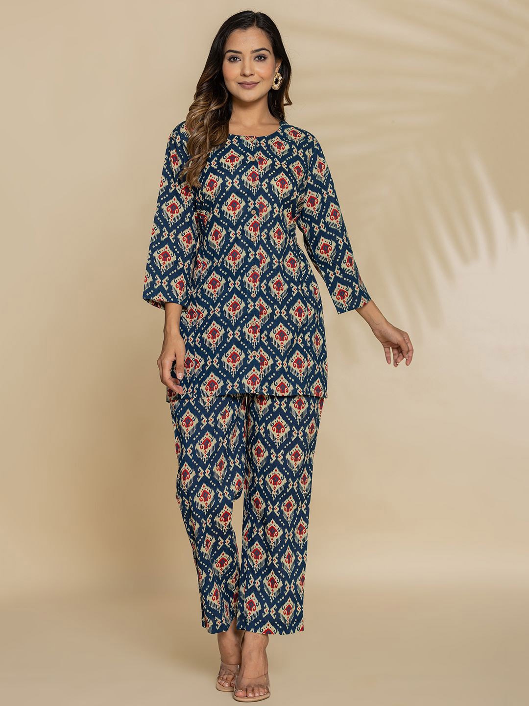 

Eco Clothing Women Geometric Printed Pure Cotton Kurti, Navy blue