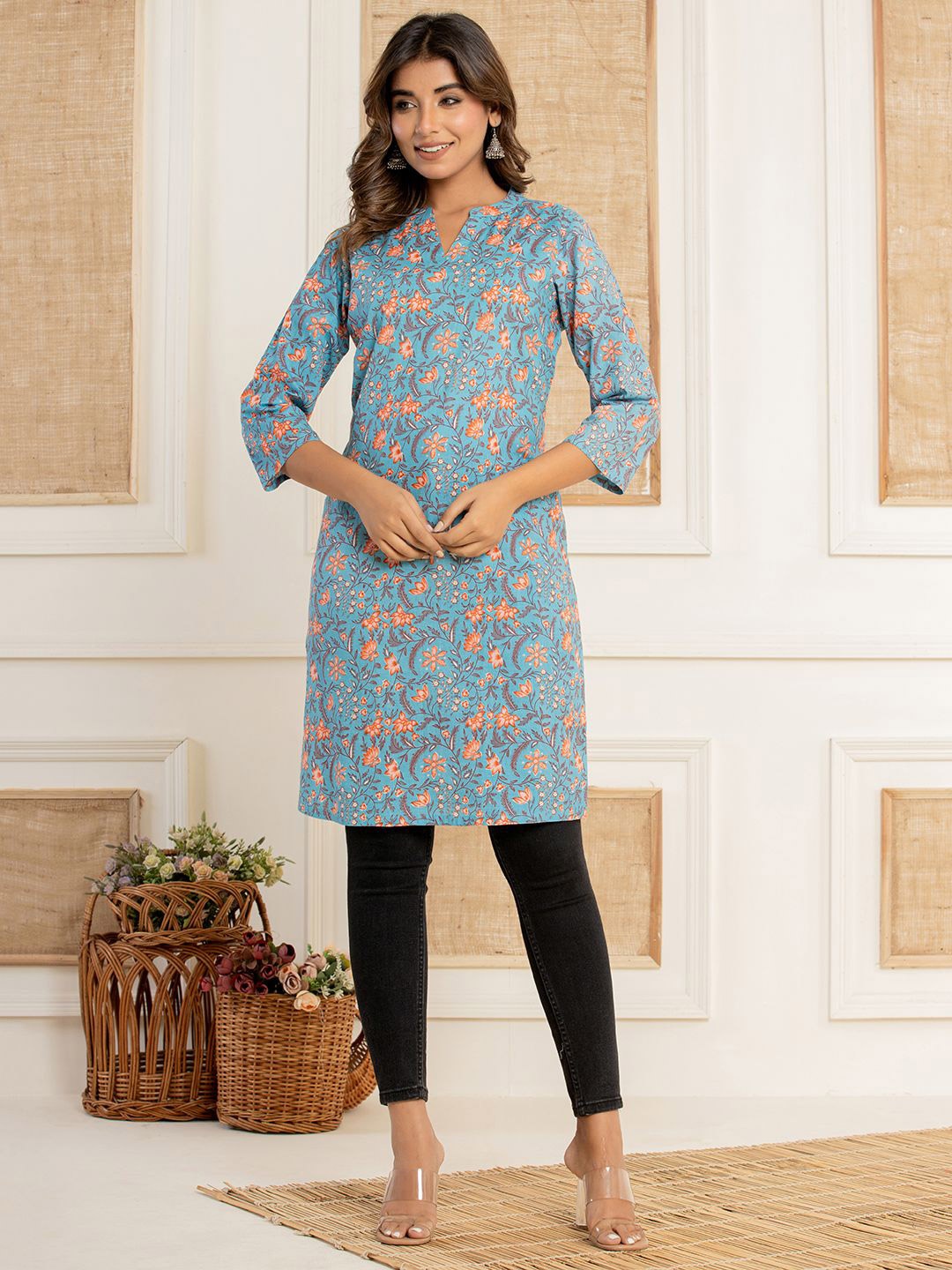 

Eco Clothing Women Floral Printed V-Neck Pure Cotton Kurti, Blue