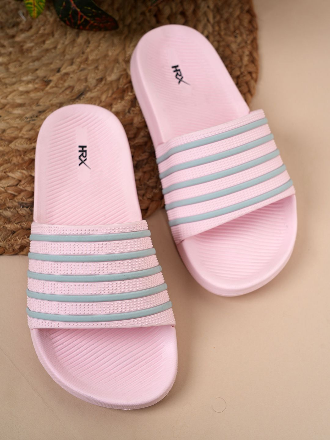 

HRX by Hrithik Roshan Women Striped Rubber Sliders, Pink