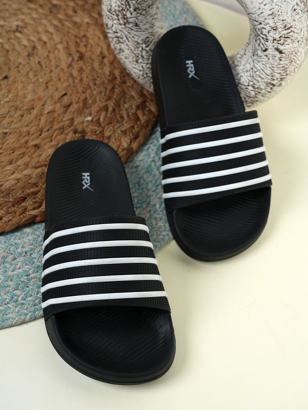

HRX by Hrithik Roshan Women Striped Rubber Sliders, Black