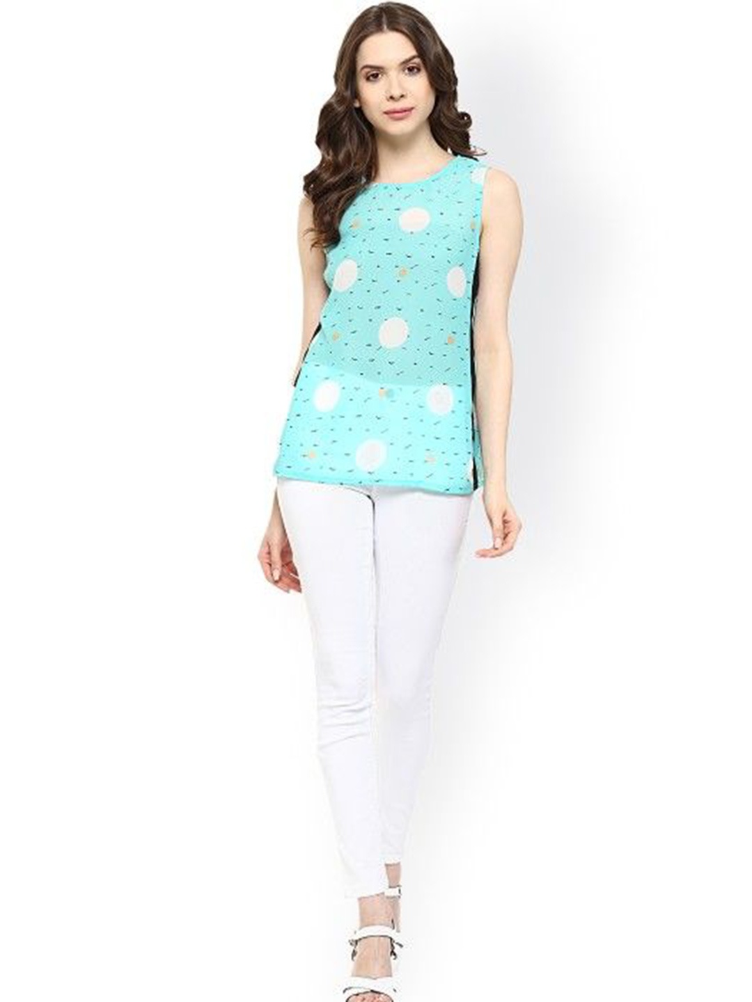 

Pannkh Women Printed Sleeveless Top, Sea green