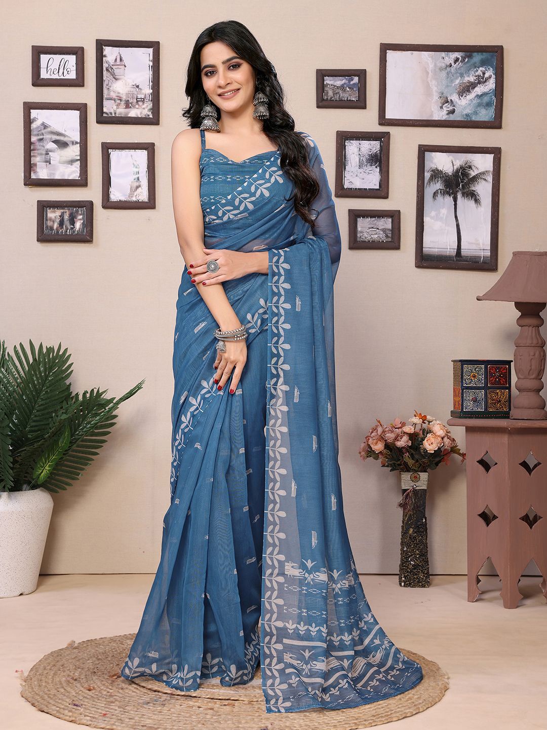 

Mitera Floral Printed Ready to Wear Saree, Blue