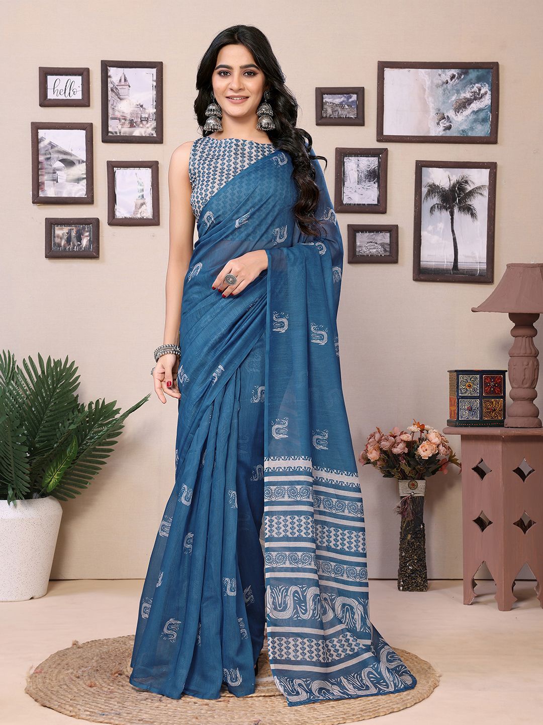 

Mitera Ethnic Motifs Printed Ready to Wear Saree With Unstitched Blouse Piece, Blue