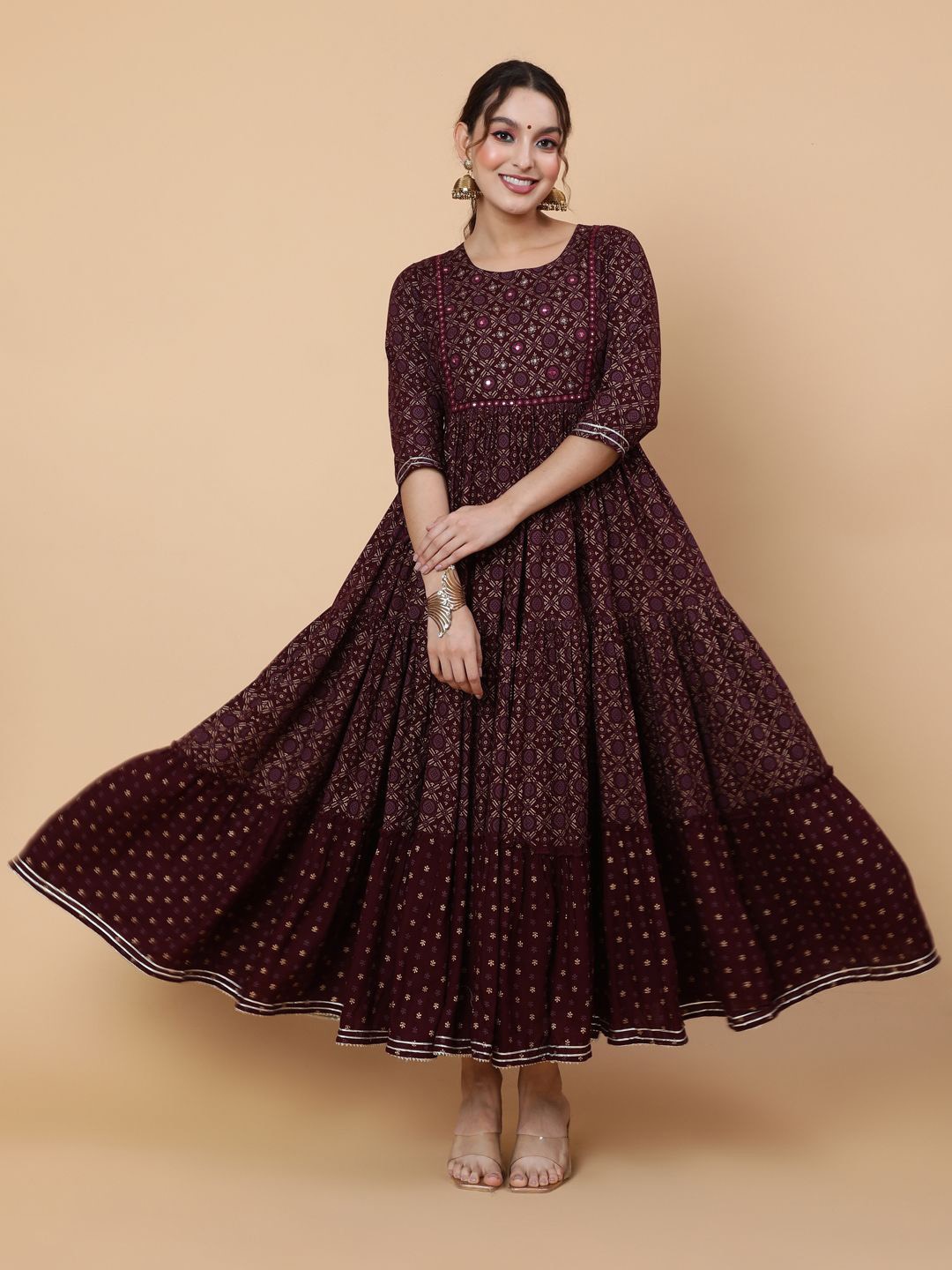 

KIMAYRA Floral Printed Mirror Work Tiered Anarkali Kurta, Maroon