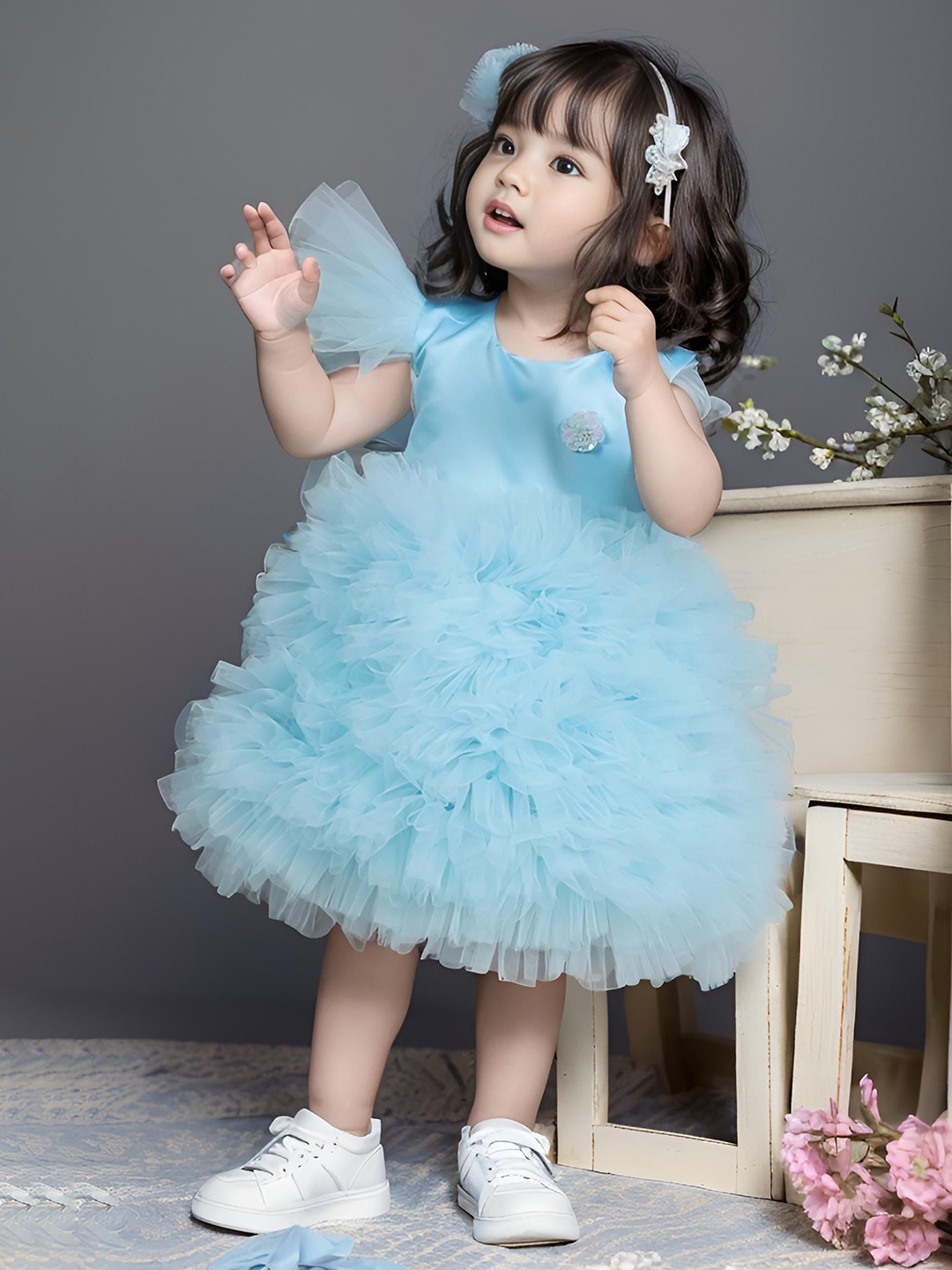 

Foreverkidz Girls Tie and Dye Flutter Sleeve Net Sky Breeze Ruffled Dress, Blue