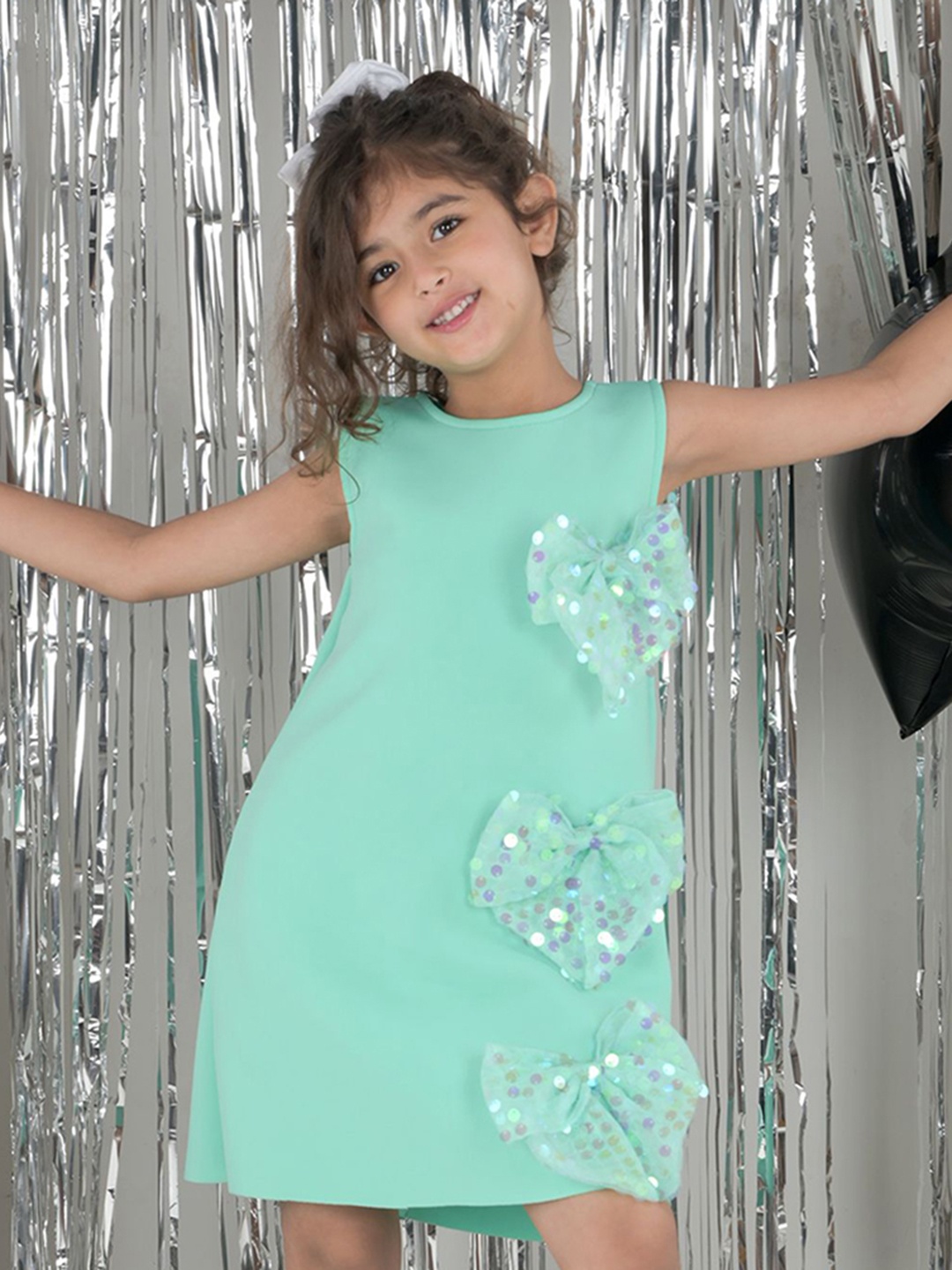 

Foreverkidz Girls Floral Print A-Line Signature Shimmer Bow Dress, Sea green