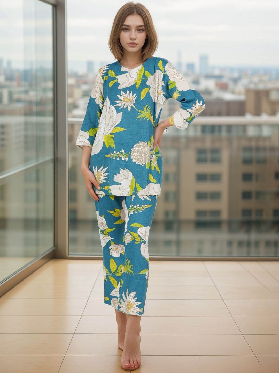 

NEYSA Floral Printed Round Neck Tunic With Trousers, Blue